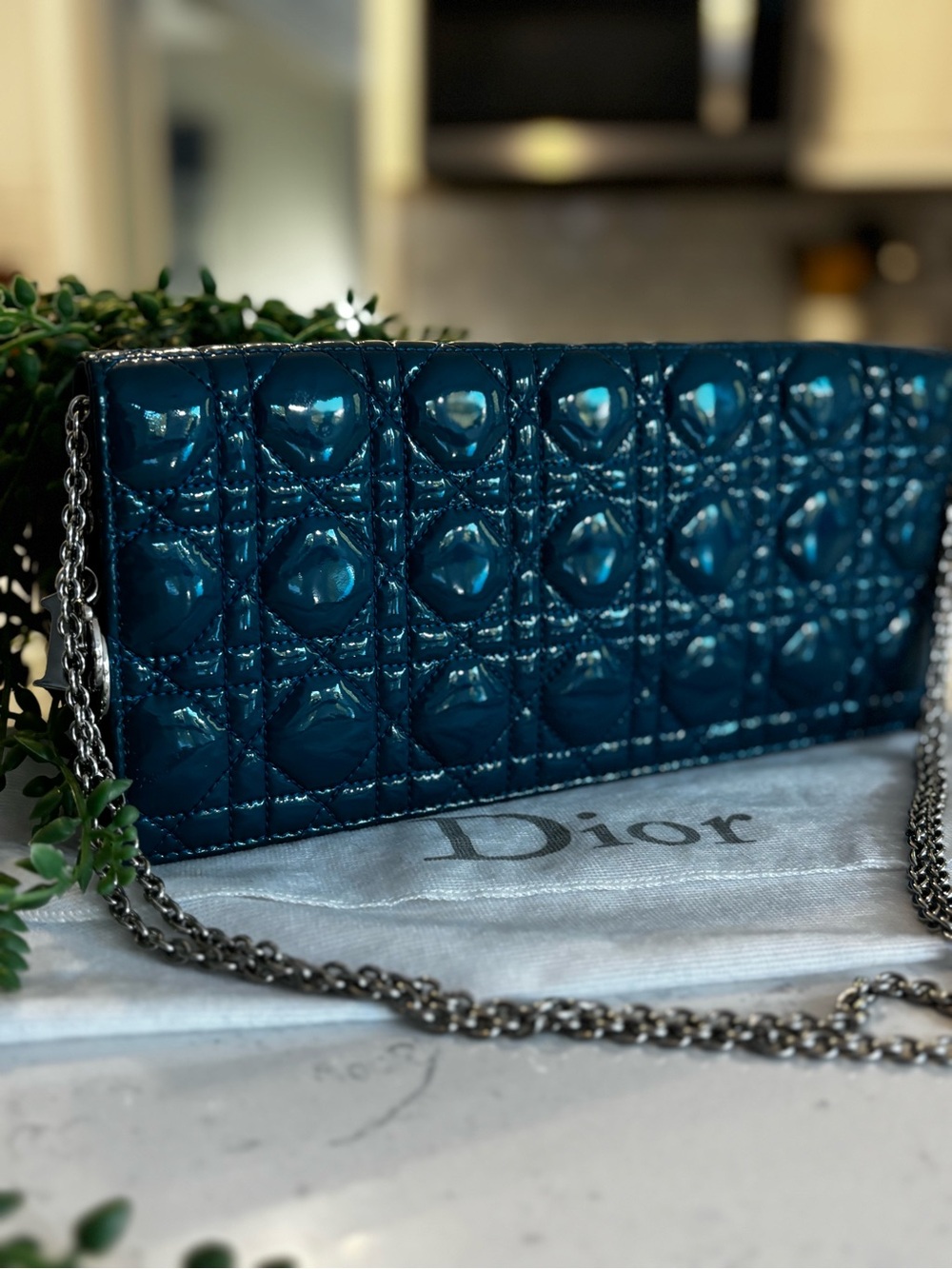 Dior Shiny Quilted Patent Chain bag— Teal Blue